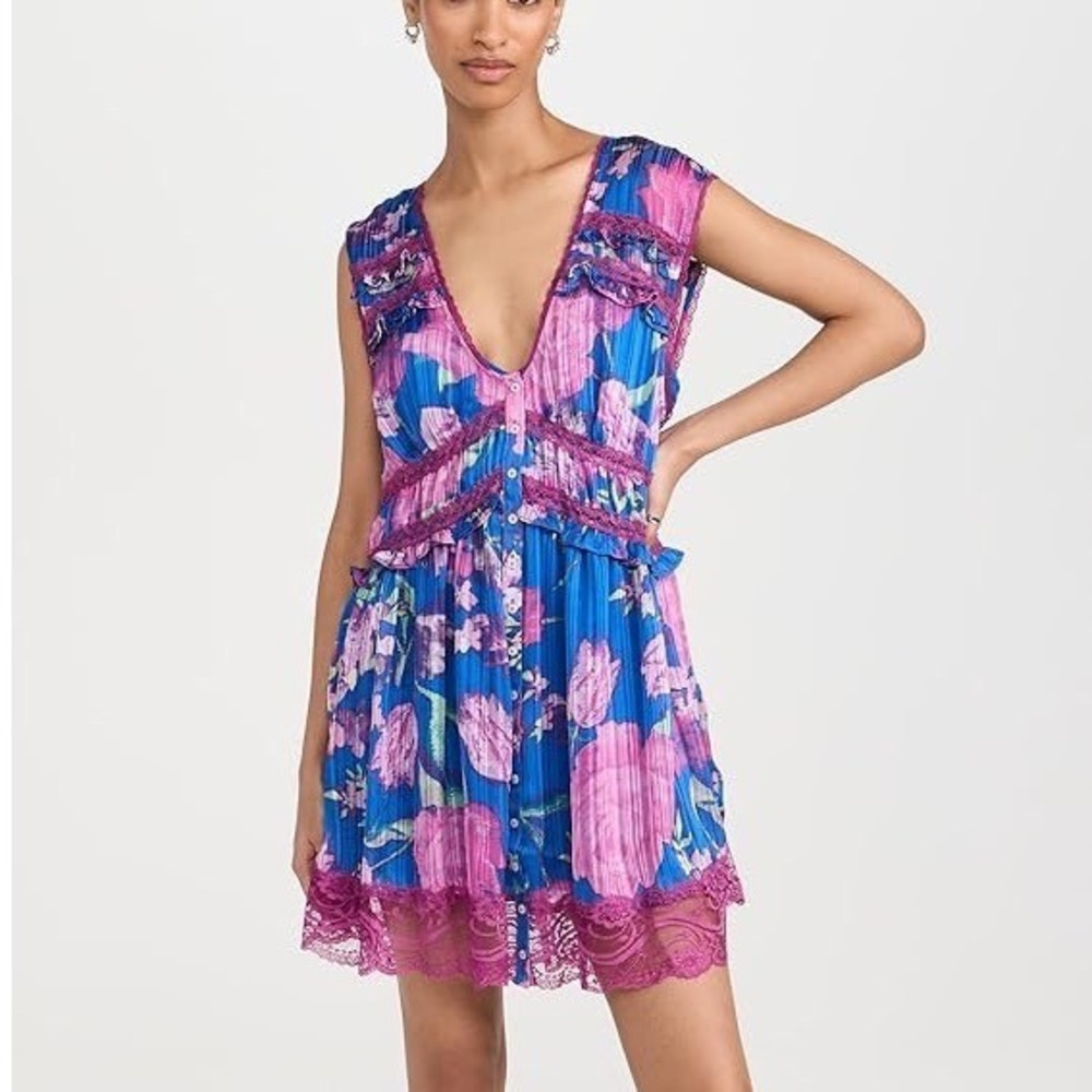 Free‎ People Spring Fling Mini Dress Ultra Violet Combo Floral Lace Trim Small